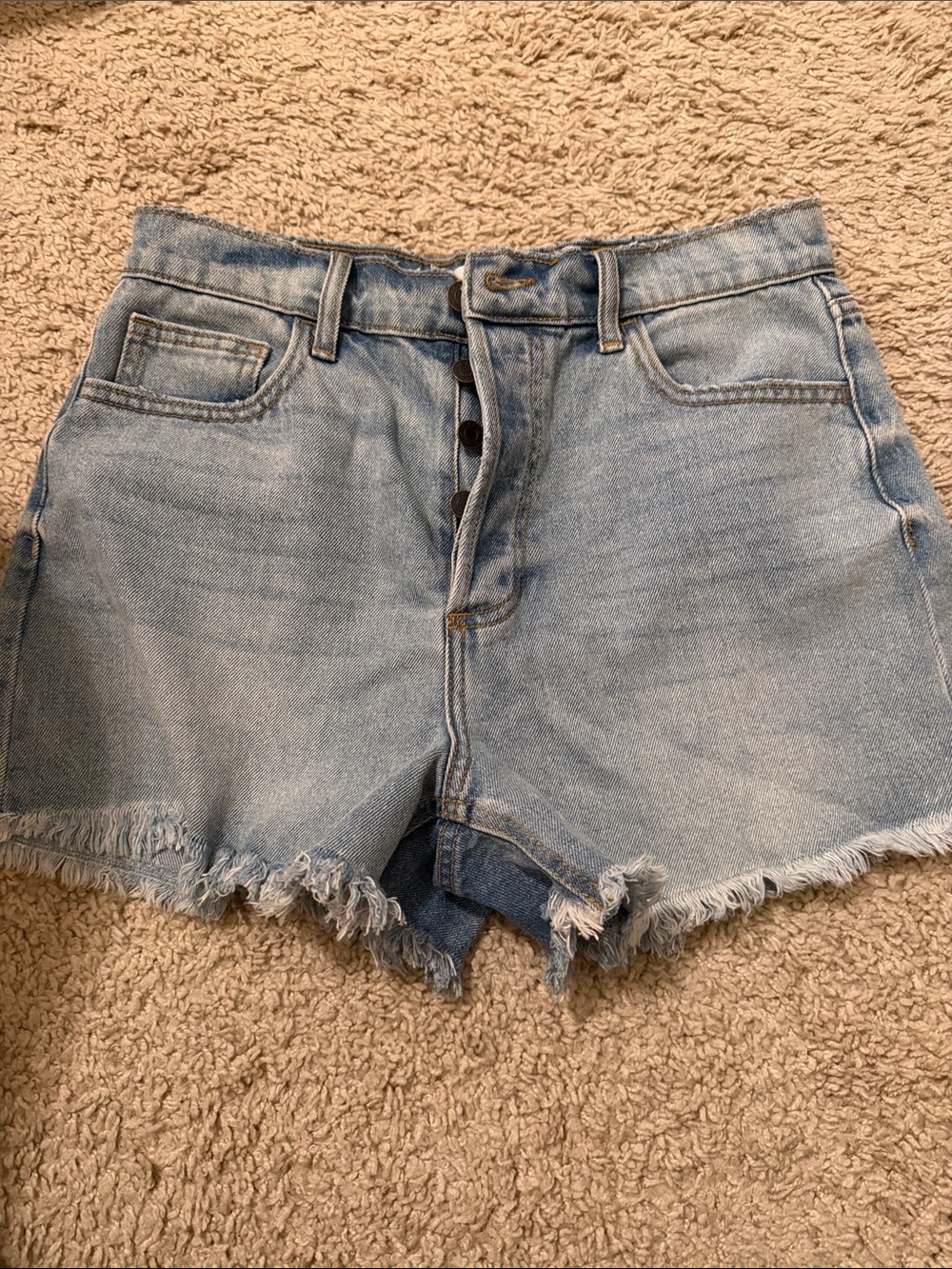 Cello Light Blue Button-Fly Frayed Hem Denim Shorts